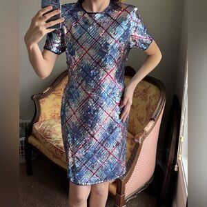 A.J. Bari Vintage Plaid Sequin Beaded Cocktail Dress